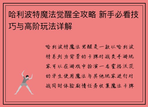 哈利波特魔法觉醒全攻略 新手必看技巧与高阶玩法详解